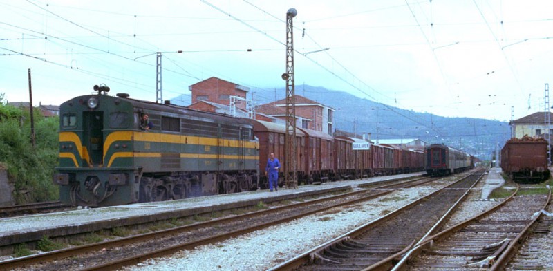 d110 318-011 con un mercancías Orense - Vigo. A la derecha, la cola del Omnibus Vigo-Monforte de Lemos con la 318-006 Guillarey, julio de 1975.jpg