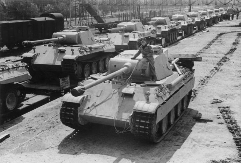 Panzer V Panther Ausf. D medium tanks on rail cars waiting to be shipped to the front, Apr-May 1943-2.jpg
