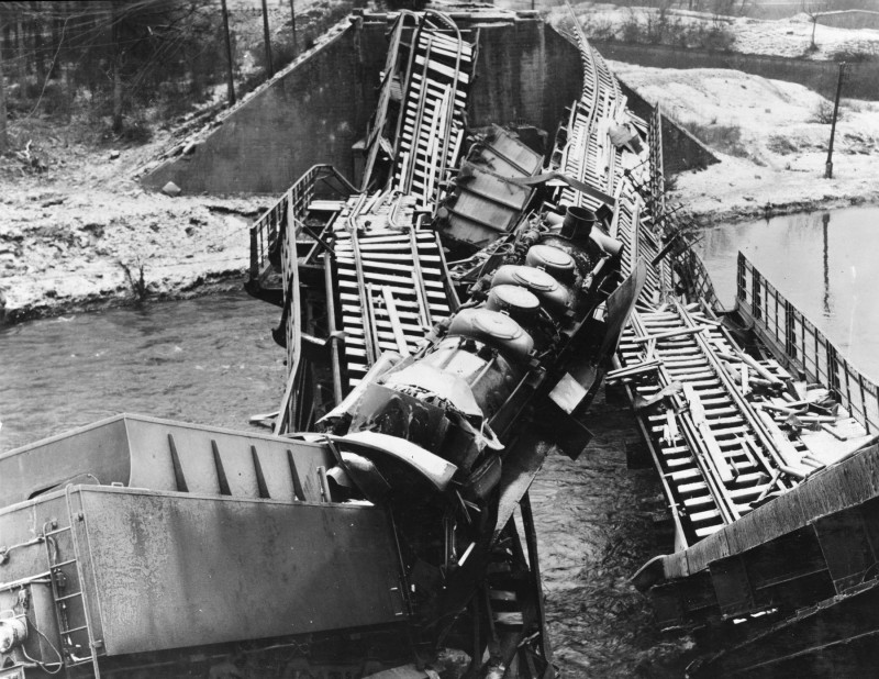 9th Air Force fighter-bombers caught this train trying to cross the Moselle River and destroyed both it and the bridge it was on. (U.S. Air Force photo).jpg