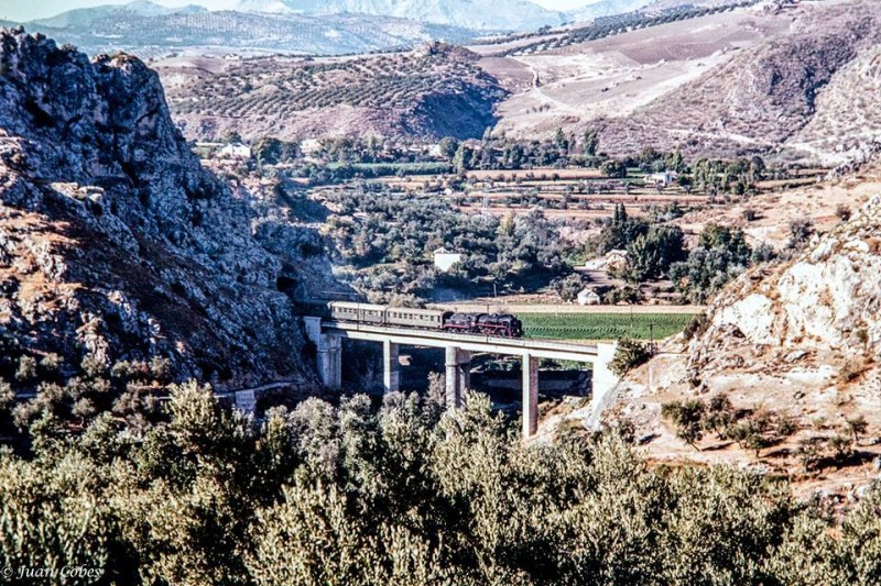 Tren especial Málaga-Granada con Mikado. Puente Quebrá 1984. Juan Cobes.jpg