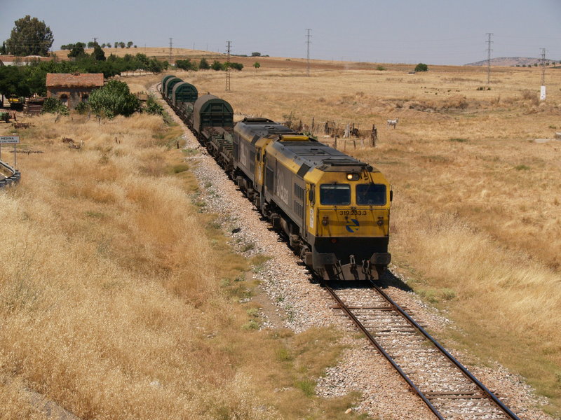 319-233 Y 319-234 CON UN MERCANTE ZAFRA-HUELVA A SU PASO POR MEDINA DE LAS TORRES.JPG