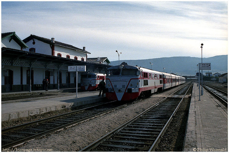 e161 2007-T con el T-III nº 11179 de Almería y a la zda, la 2005-T con el T-III nº 179 de Granada, destino Madrid. Moreda, 27-enero-1988.jpg